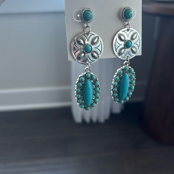 nOir Jewelery post drop earrings, silver tone sand dollar, turquoise faux stones - Picture 4 of 5